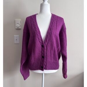 VTG Northeast Knitters Fuzzy Mohair Chunky Cardigan Womens Large Magenta Purple